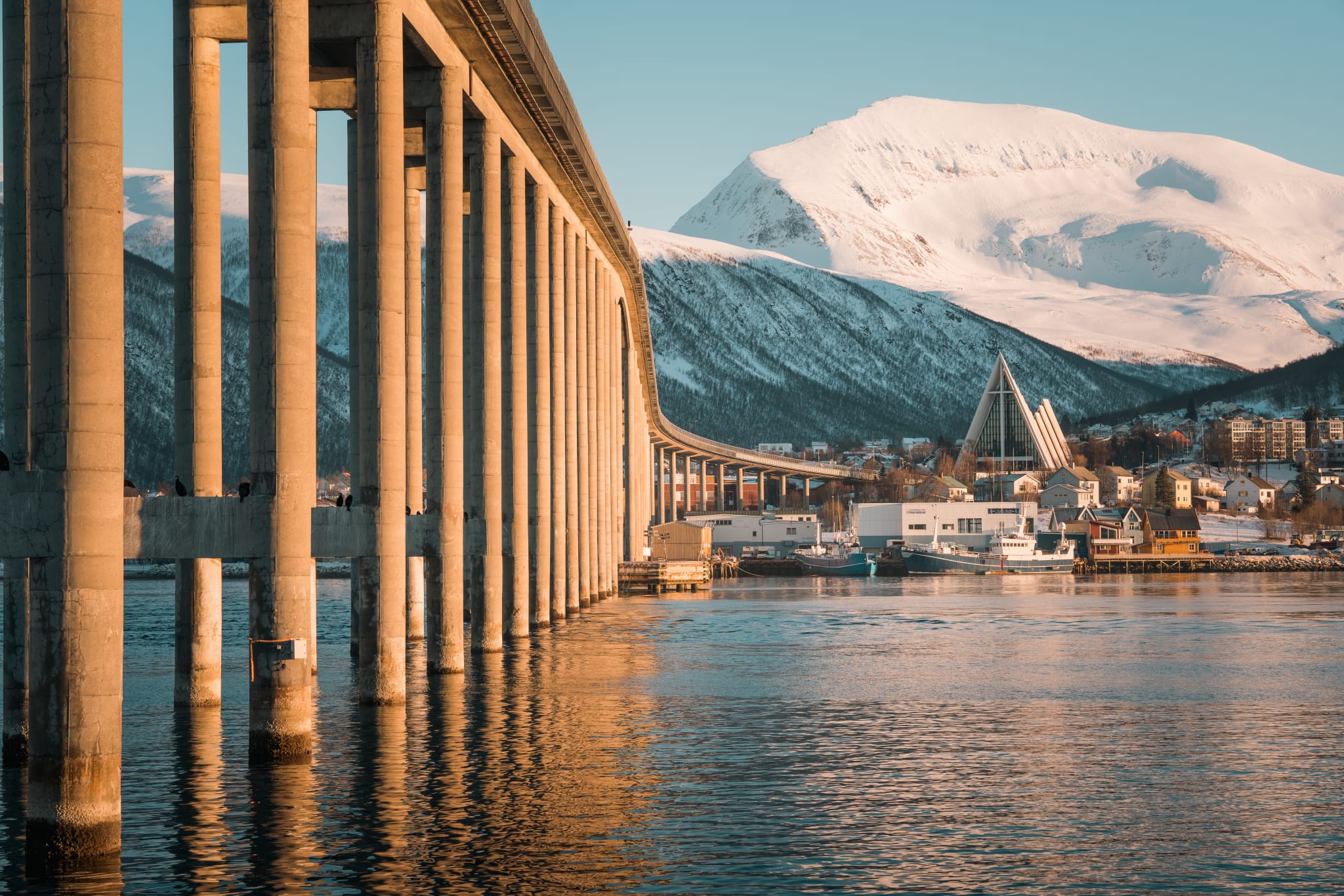 The Tromsø Bridge and the Arctic Cathedral in winter