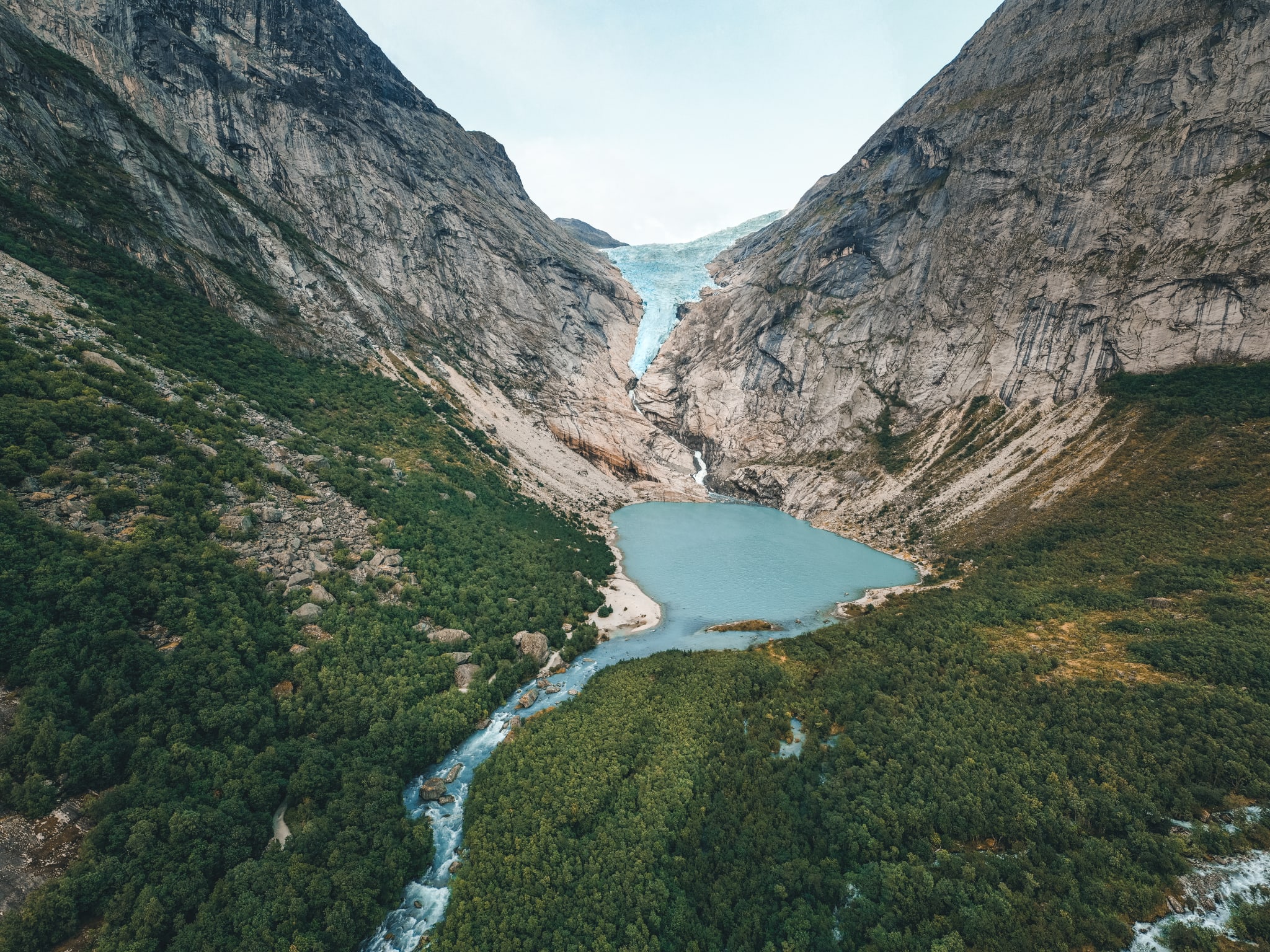 Briksdalsbreen glacier in Olden with the glacial lake in front