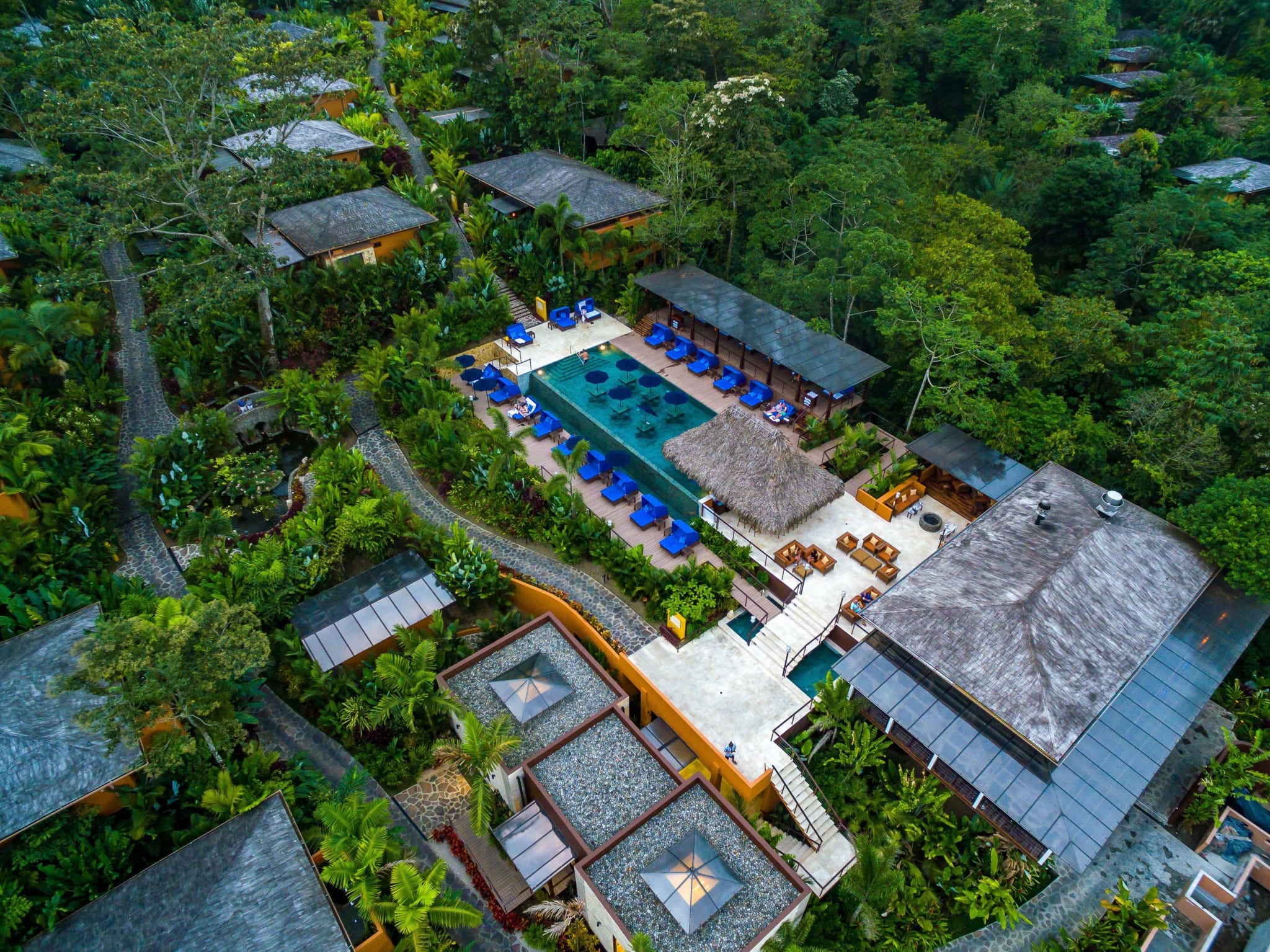 Villa with a private pool in the rainforest at Nayara Springs near Arenal, seen from the air