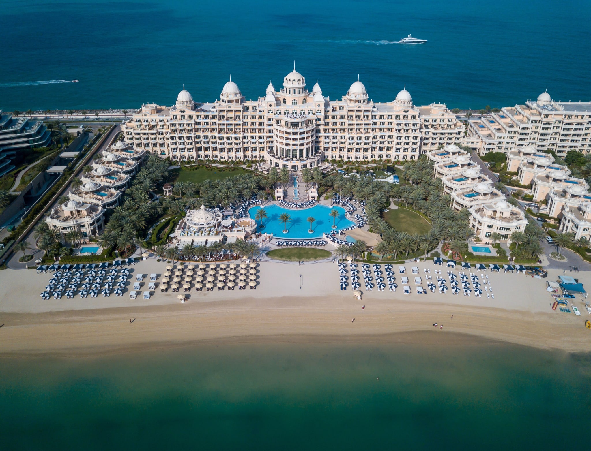 Raffles The Palm and its beach on Palm Jumeirah from the air