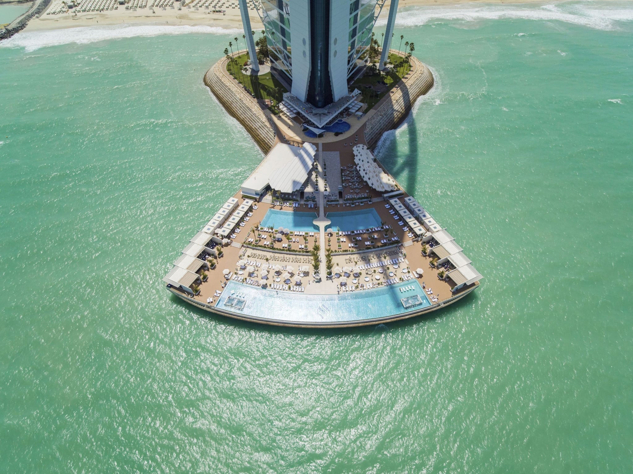 The Burj Al Arab on its own island, seen from directly above