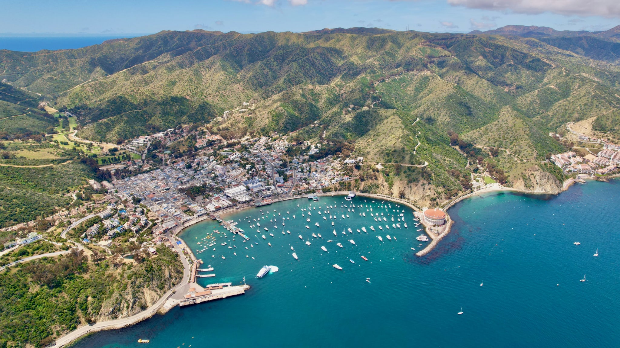 Avalon harbour on Catalina Island from above, with boats in the bay and hills around