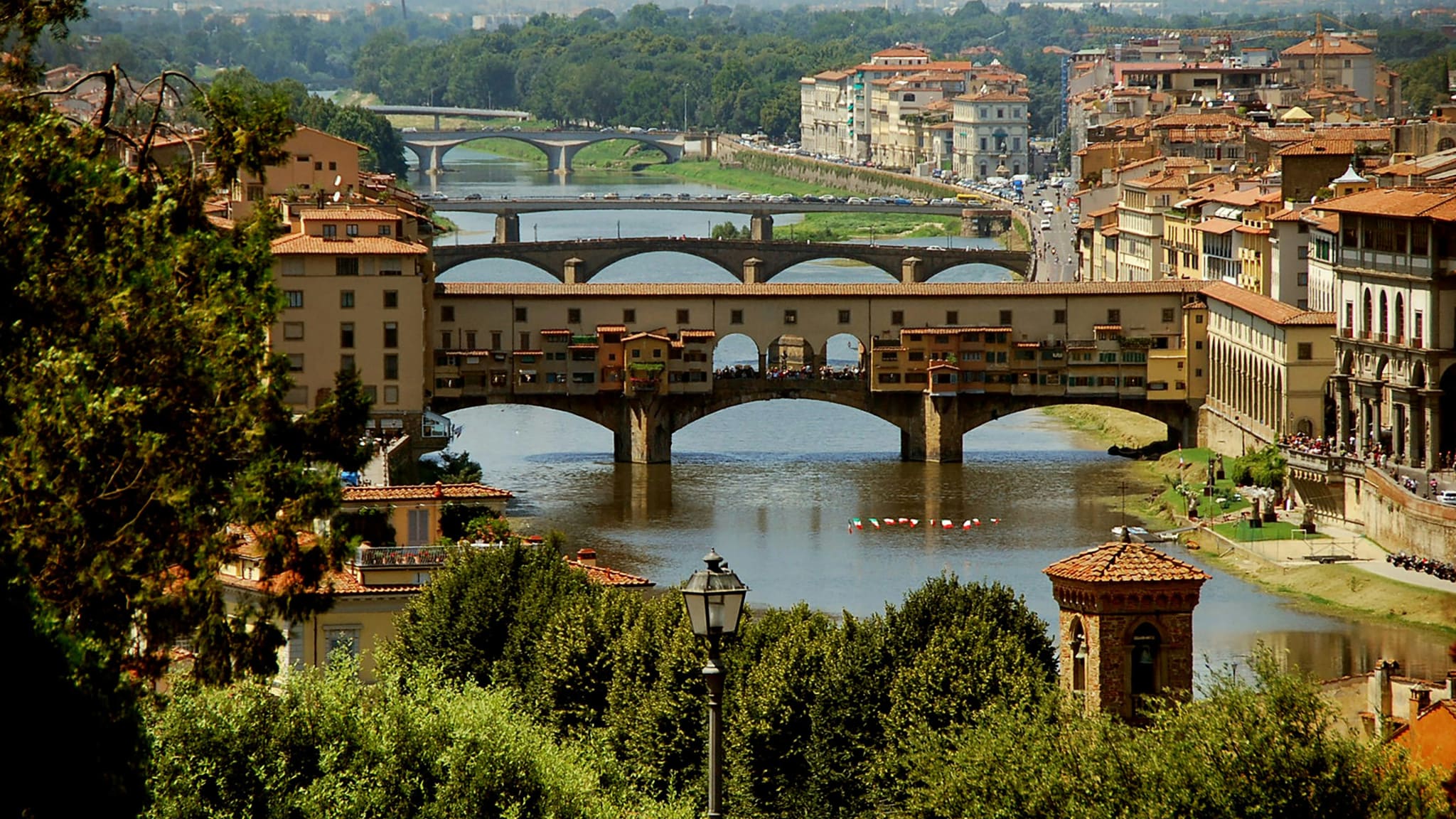 The Ponte Vecchio over the Arno in Florence seen from the hills west of the city