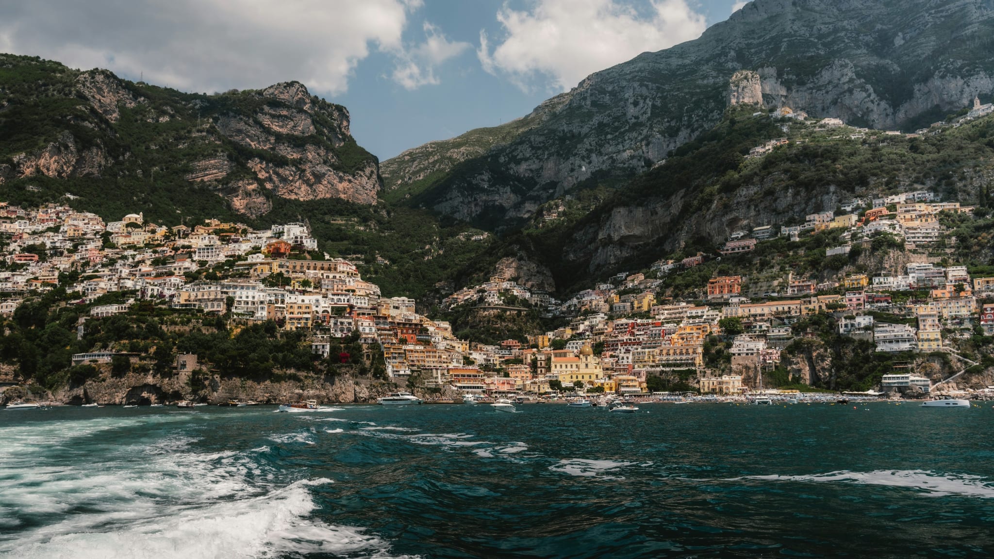 Positano with its houses on the steep mountainside above the sea on the Amalfi Coast