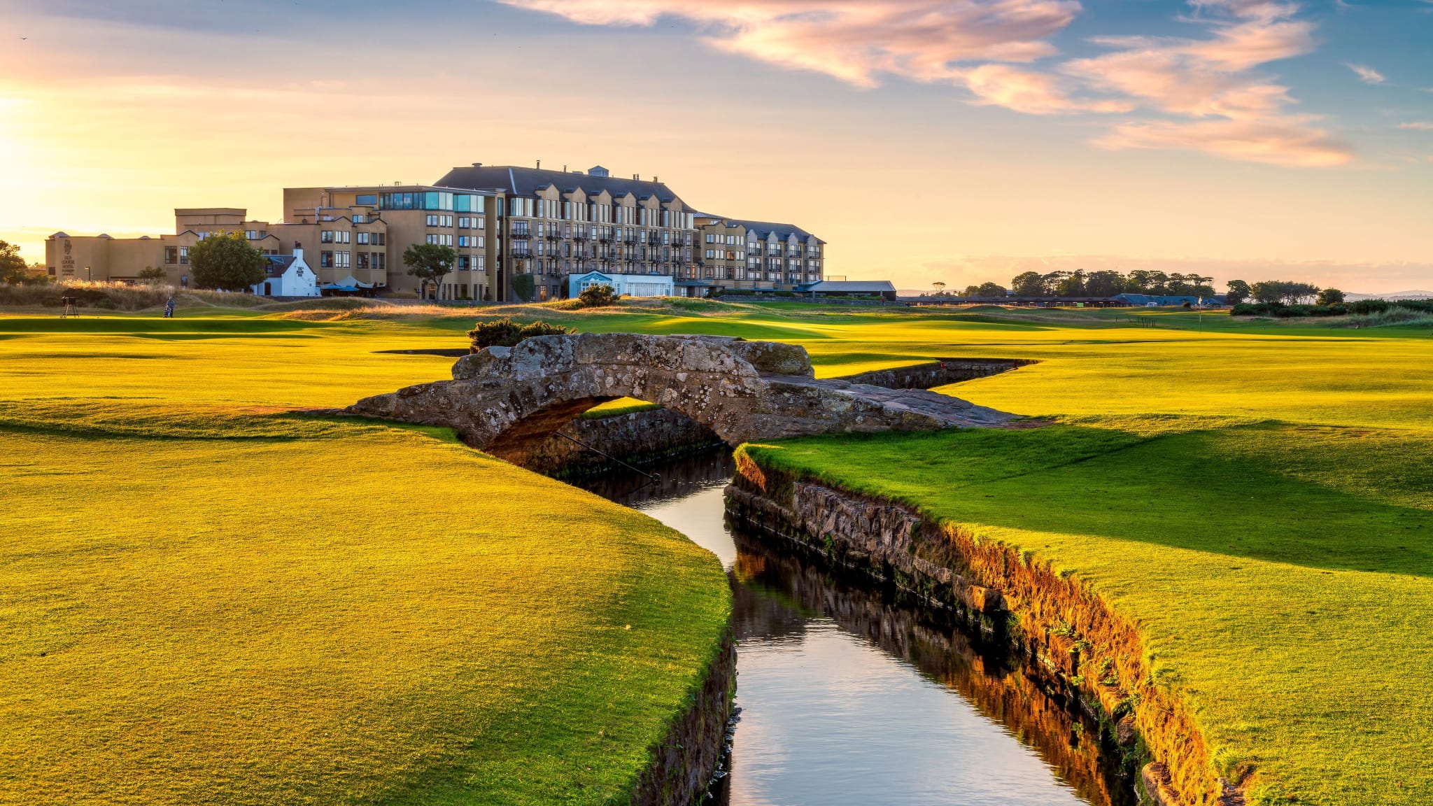 Swilcan Bridge on the Old Course with the Old Course Hotel behind, St Andrews
