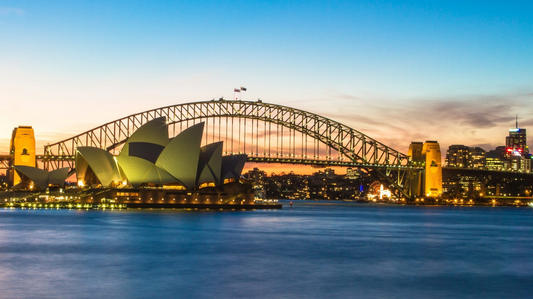 Sydney Opera House and Harbour Bridge at sunset