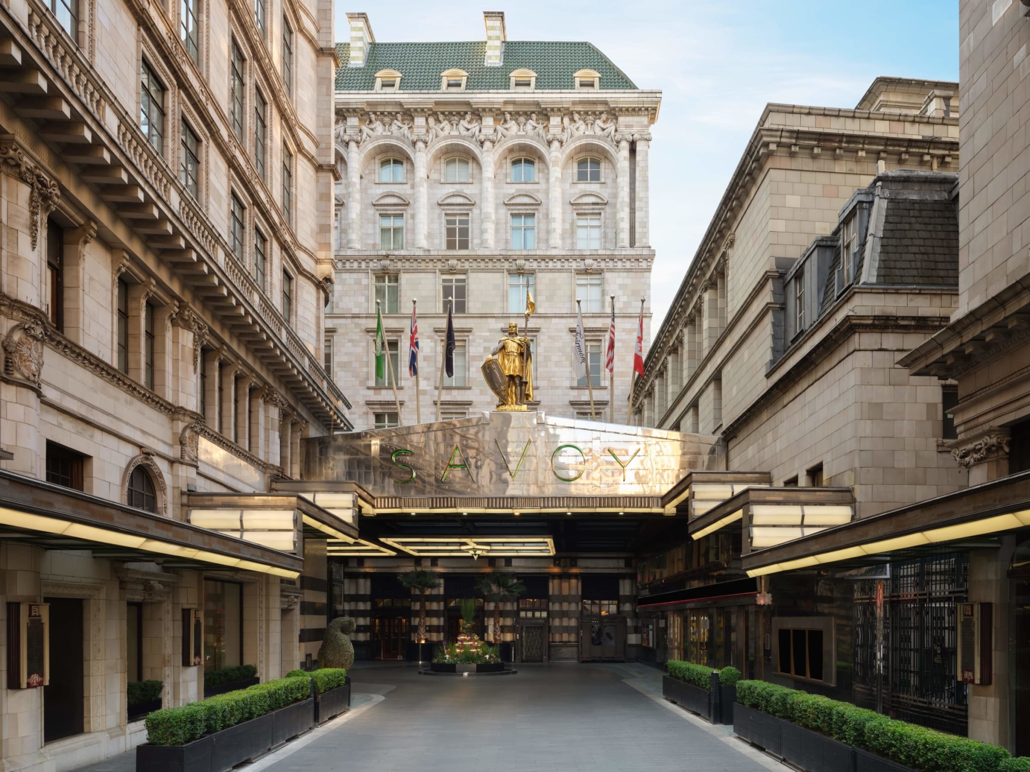 Savoy Court on the Strand, the entrance to The Savoy in London