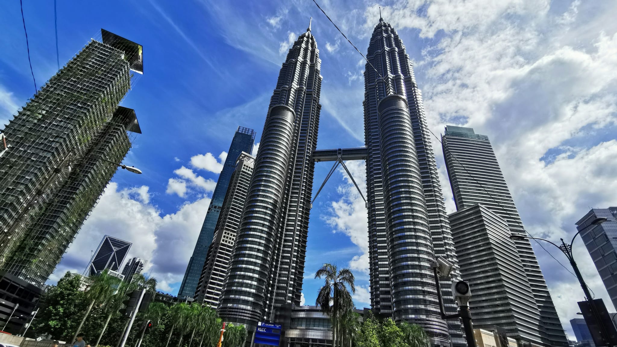 The Petronas Twin Towers in Kuala Lumpur seen from the street