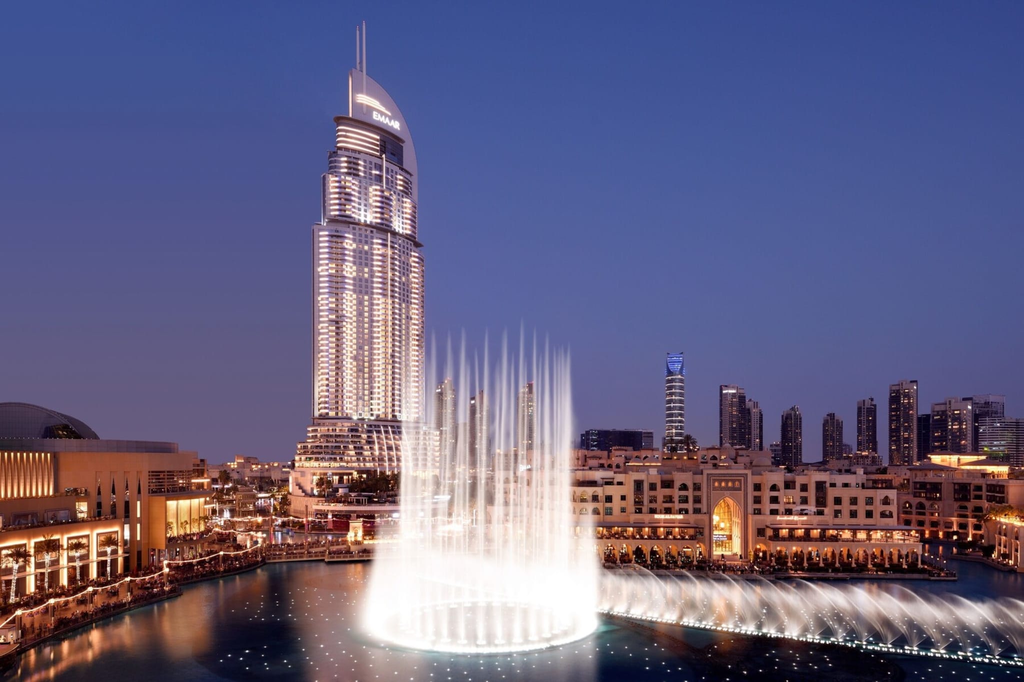 Address Downtown and the fountains by the Burj Khalifa at night