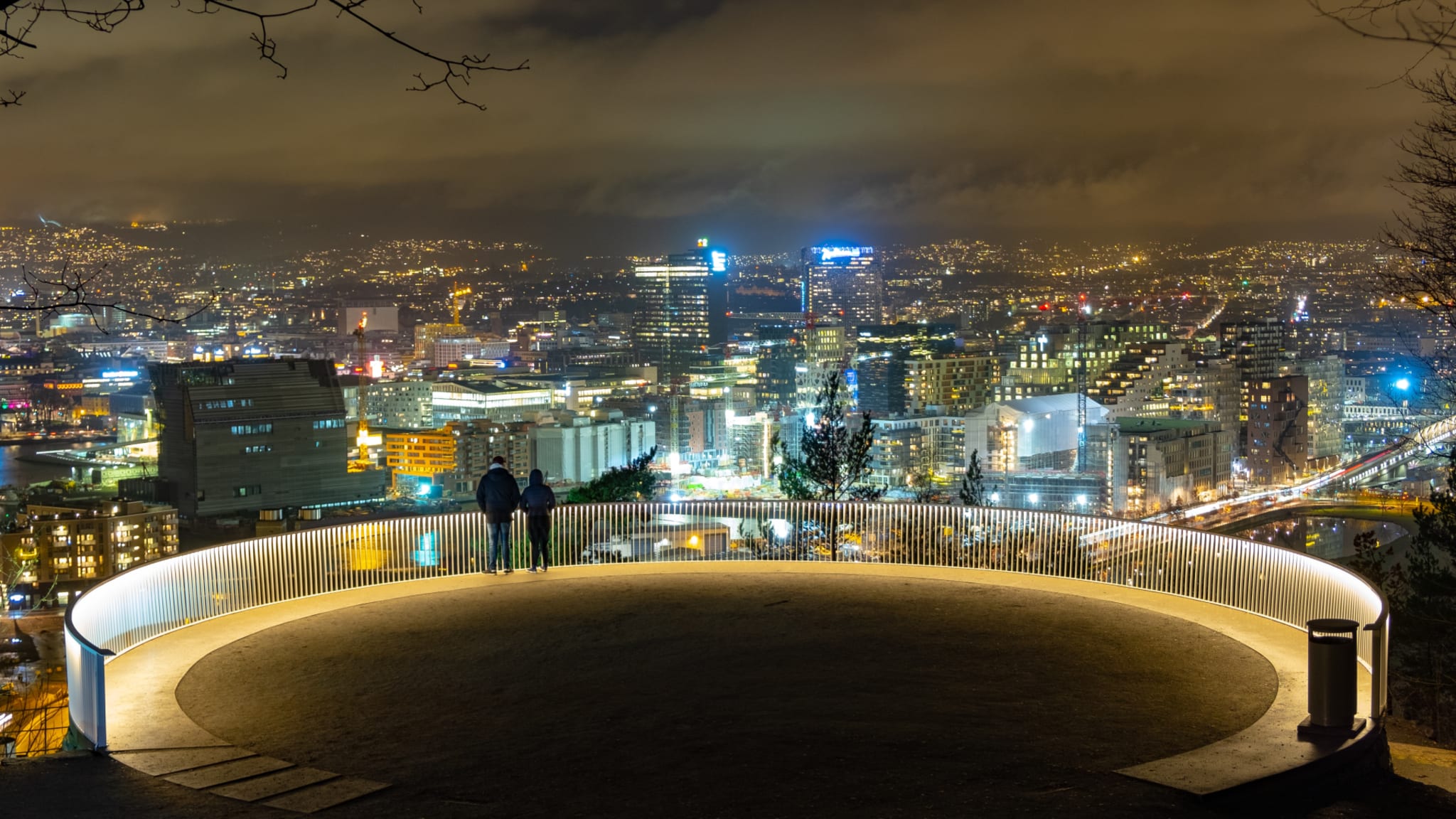 Ekebergparken in Oslo, with sculptures and a view over the city at night