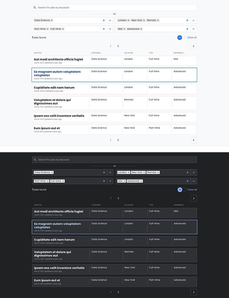 Job listing page displayed in two different color themes, with one theme at the top and another at the bottom, illustrating customization options.