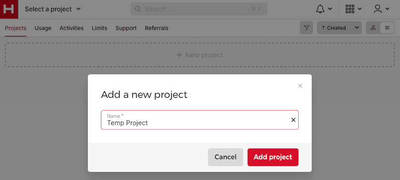 Screenshot of the Hetzner Cloud Console showing the interface for adding a new project, with a field to enter the project name.