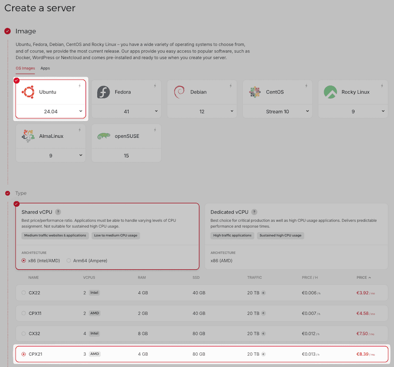 Screenshot of the Hetzner Cloud server creation screen, highlighting selected server specifications such as CPU, RAM, storage, price and the chosen Ubuntu OS image.