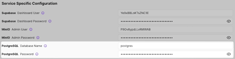 Screenshot of the Coolify dashboard's 'Service Specific Configuration' area, showing PostgreSQL database name and password details.