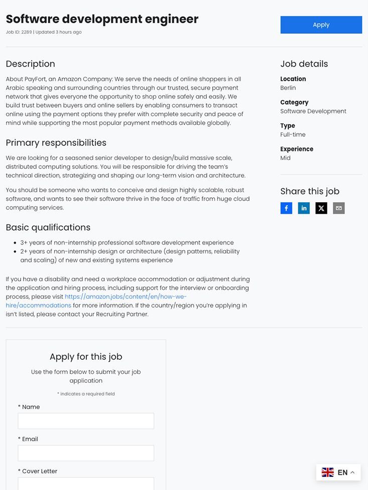 Detailed job detials page with job information and application form.