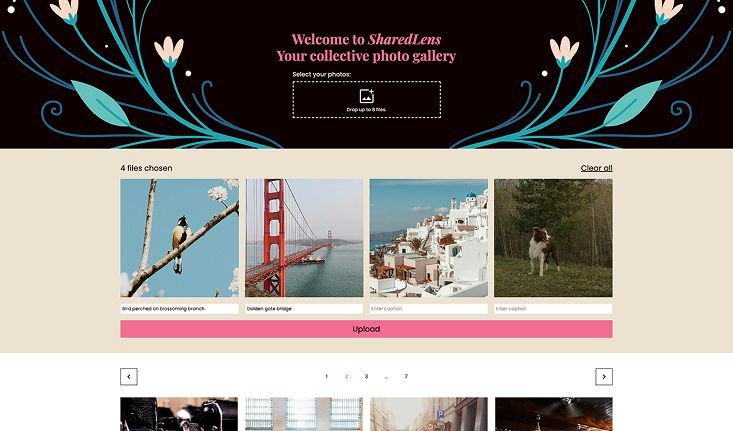 Photo upload interface featuring a drag-and-drop area at the top, displaying four selected images each with a caption input field.