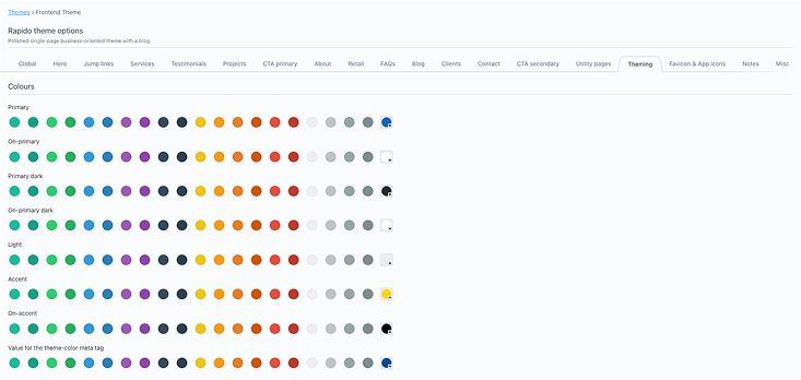 Theme customization tab in October CMS backend with options for colors, Google Fonts, and component shapes.