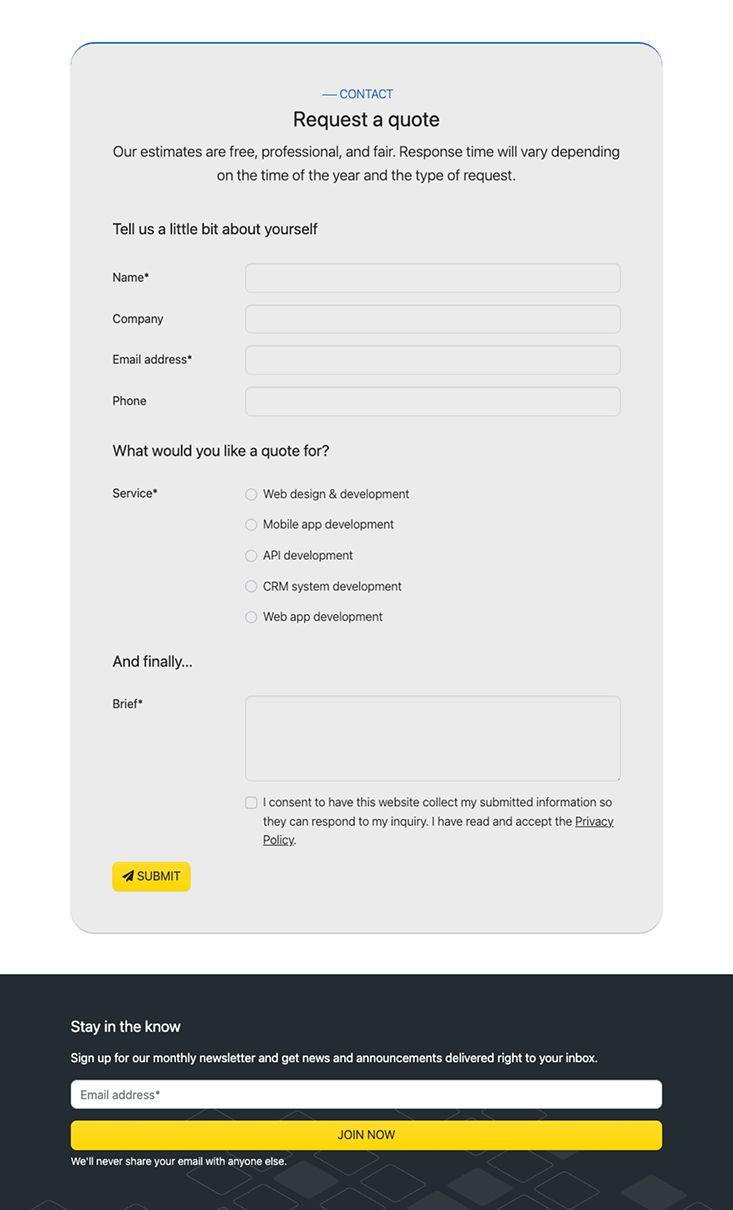 Contact and newsletter subscription forms for submitting inquiries and subscribing to updates.