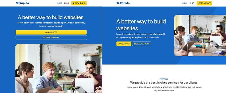 Rapido theme hero section shown on a tablet screen (left) and a desktop screen (right), illustrating responsive layout across devices.