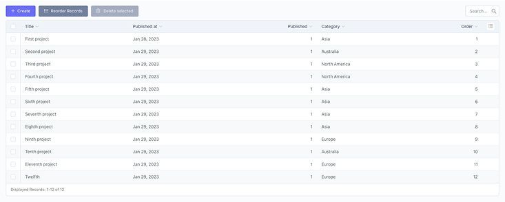 Dashboard interface for searching, ordering, and managing all portfolio projects in October CMS.