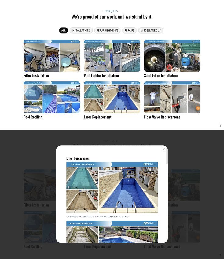Interactive projects gallery displaying completed pool service projects in a grid layout, with each project opening a lightbox modal for more images and descriptions.
