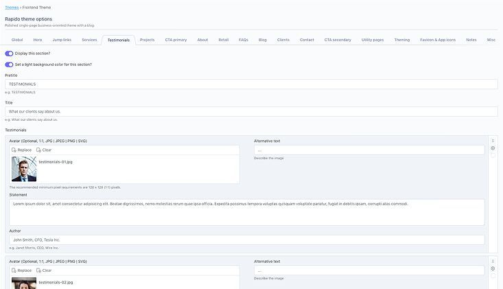 October CMS backend interface for managing homepage, blog, portfolio, and leads, including metadata and analytics settings.
