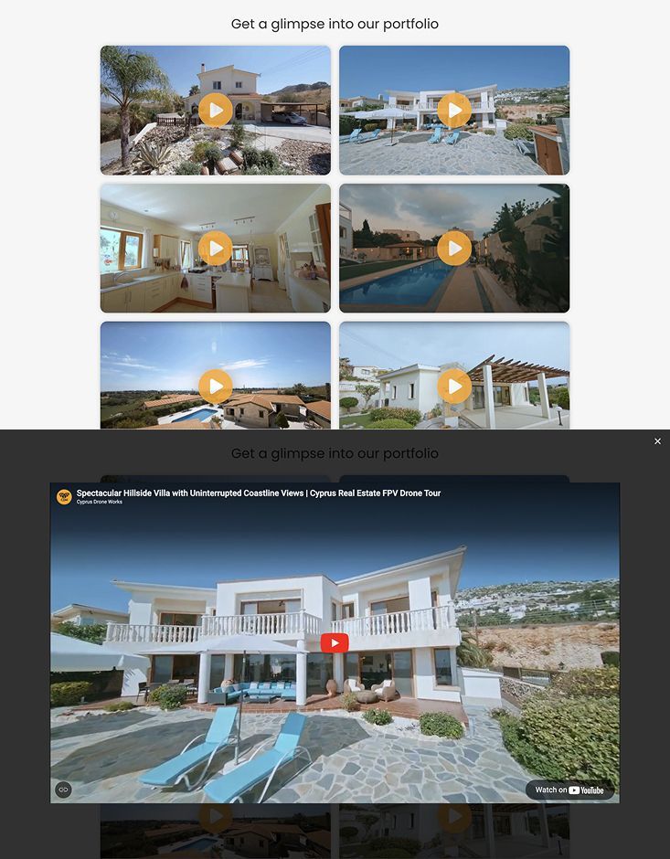 Projects section showing a grid of video thumbnails, each opening in a lightbox player to showcase FPV drone footage.