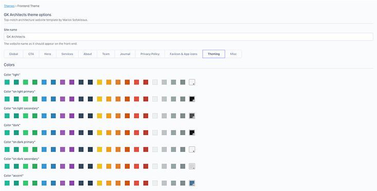 October CMS backend interface for customizing the site’s color scheme and adjusting responsive font sizes.