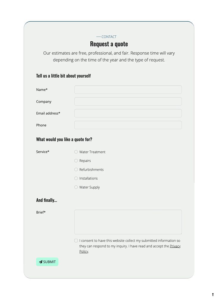 Contact form with clear headings, dropdown menus for selecting services, and a GDPR consent checkbox, enabling users to request quotes or make inquiries easily.