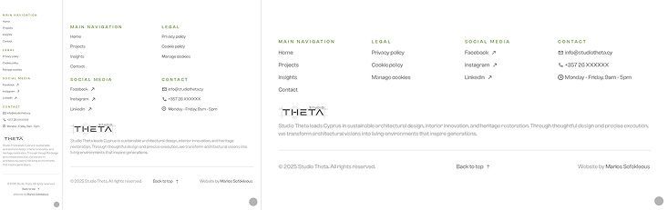 Studio Theta website footer displayed on mobile, tablet, and desktop devices, demonstrating a consistent and responsive layout across all screen sizes.