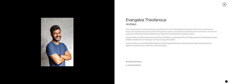 Interactive biography modal open on the team section, presenting detailed information about a team member.
