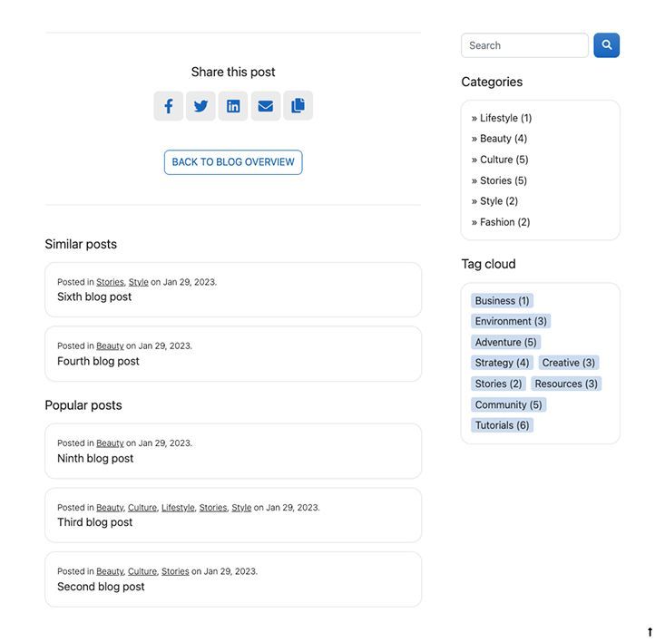 Blog interface highlighting social share links, related posts, popular posts, search bar, categories, and tags.