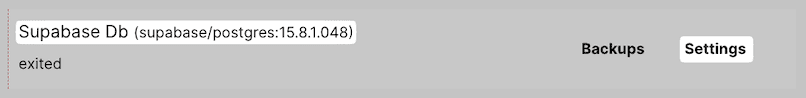 Screenshot of the Coolify services list, highlighting the Supabase PostgreSQL service and 'Settings' button.