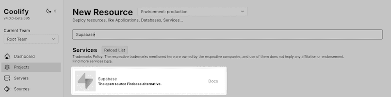 Screenshot of the Coolify resource selection interface, highlighting the Supabase template.