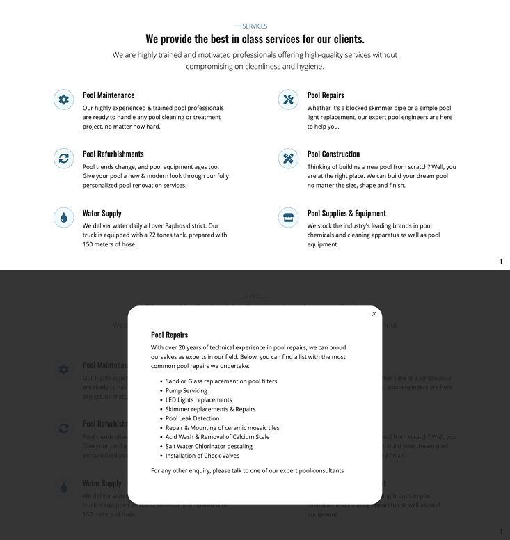 Homepage services section with organized, clickable service cards that open detailed dialogs, allowing visitors to easily explore all pool services offered.