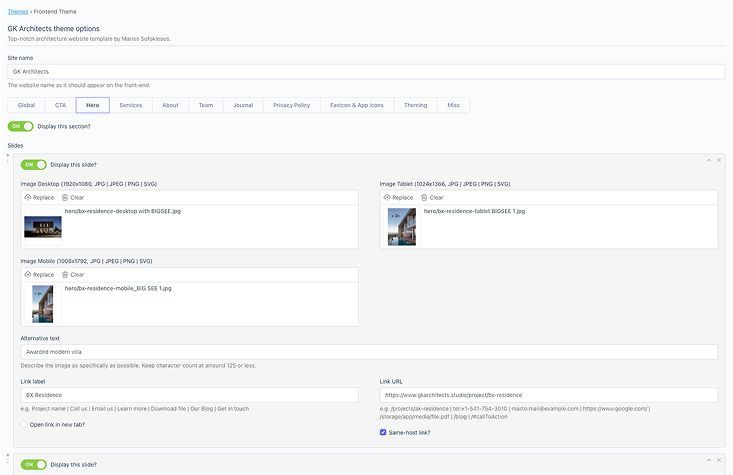 Content management dashboard in October CMS for editing the homepage, journal, portfolio, and leads, with options for metadata and analytics integration.