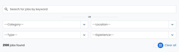 JobLister job board interface showing keyword search and filter options for job listings.