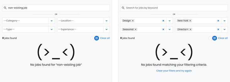 User interface showing different messages when no job listings match the search term on the left and when no listings match the selected filters on the right.