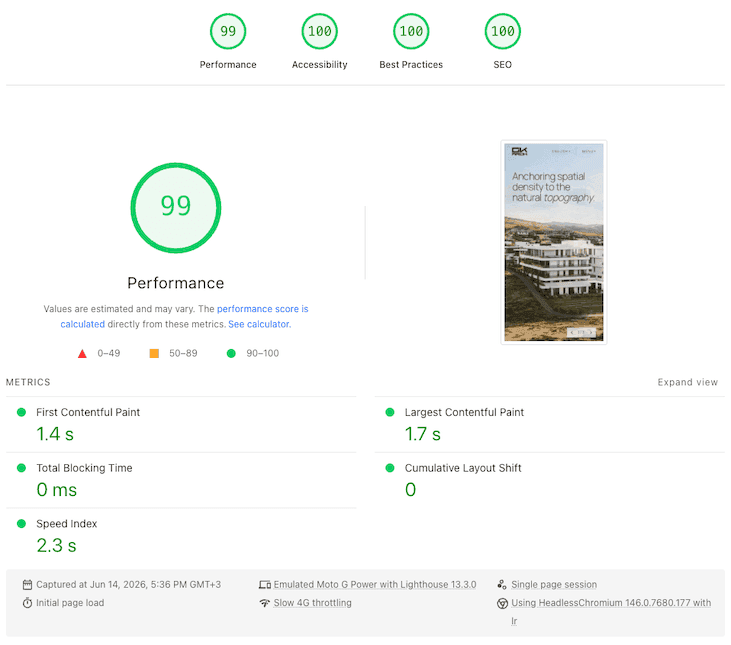 PageSpeed Insights mobile audit for the GK Architects homepage, showing a 99 Performance score and perfect 100s for Accessibility, Best Practices, and SEO.