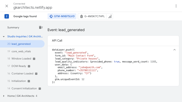Google Tag Manager preview mode interface showing the lead_generated custom event firing after a contact form submission. The dataLayer tab reveals the structured payload containing lead parameters.