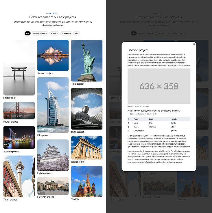 Portfolio page with a masonry grid and category filters on the left, and an open project modal displayed on the right.