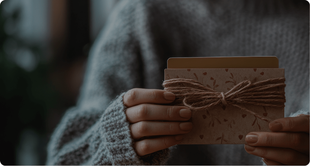 A person wearing a gray sweater holds a decorative envelope tied with twine, containing a gift card.