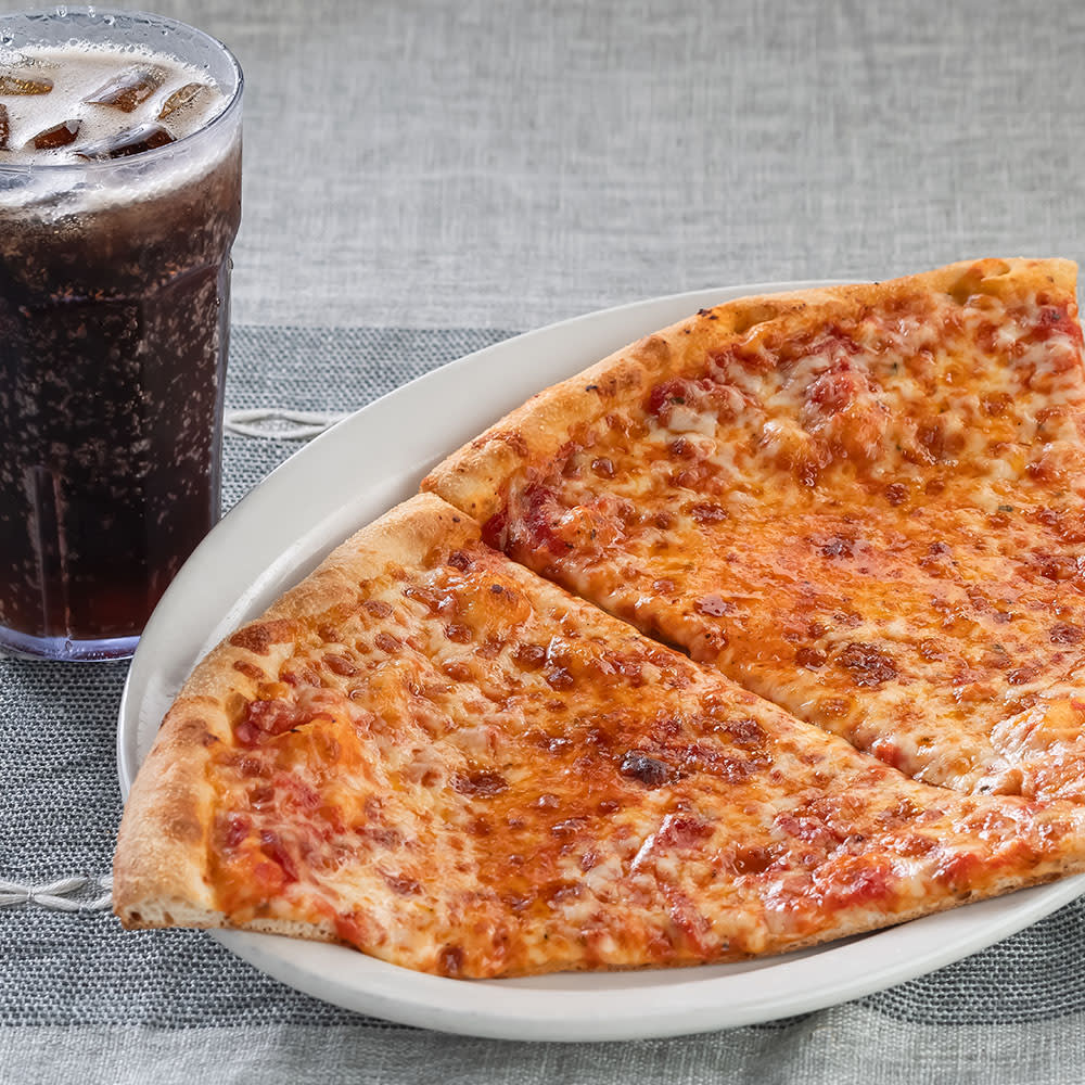 Two slices of plain cheese pizza on a white plate and a glass of soda