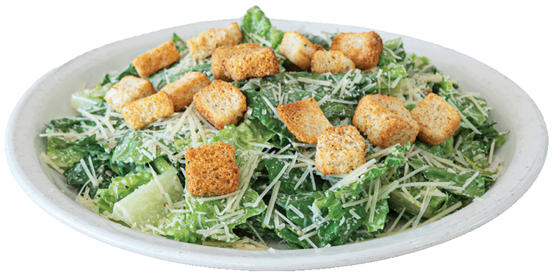 A plate of Caesar salad topped with crunchy croutons and grated Parmesan cheese on a bed of fresh romaine lettuce.