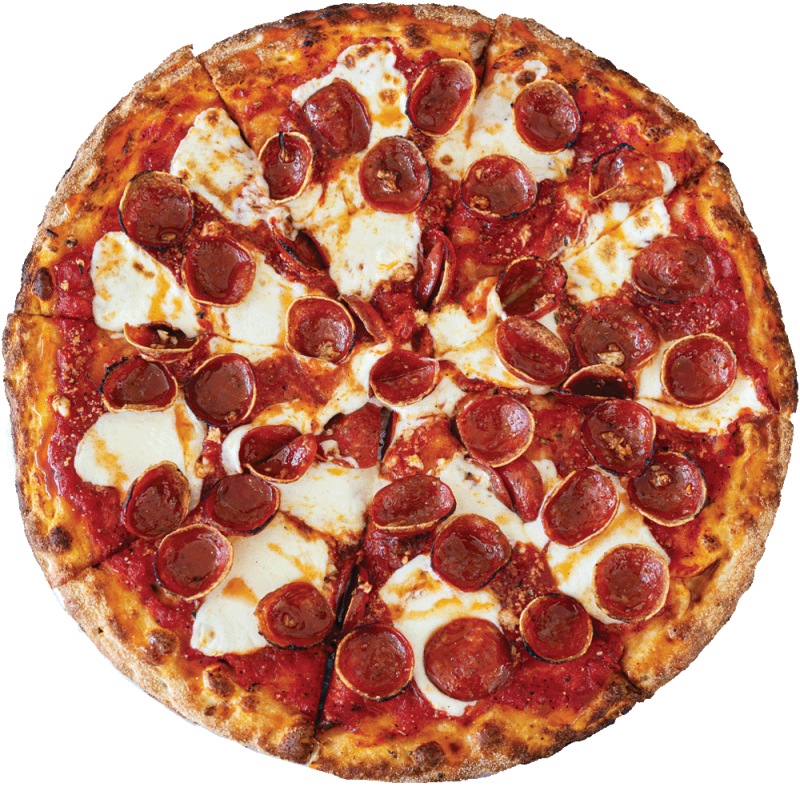 Sriracha Hot Honey pizza cut into slices, topped with melted mozzarella cheese and pepperoni on a golden, crispy crust.