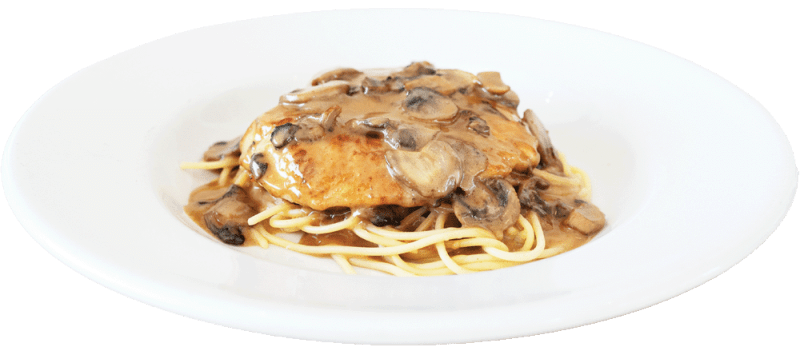 A white plate with spaghetti topped with a piece of grilled chicken and creamy mushroom sauce.