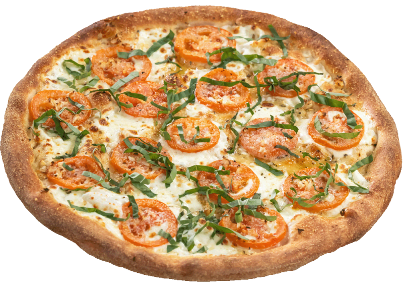 A whole Margherita pizza topped with fresh mozzarella cheese, tomato slices, and shredded basil on a golden-brown crust, shown on a plain background.