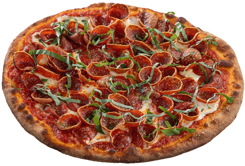 A round, thin-crust pizza topped with pepperoni slices, melted cheese, tomato sauce, and fresh basil strips. The crust is golden brown and slightly crisp.