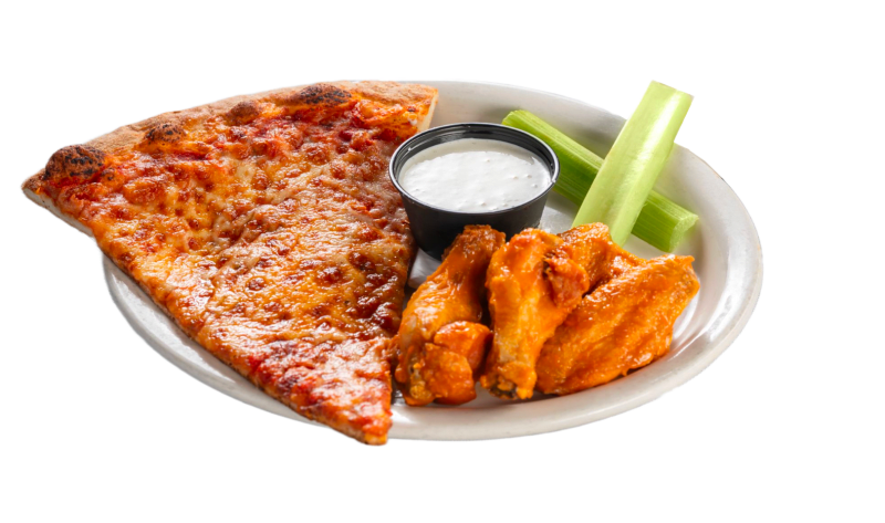 slice of cheese pizza next to 5 wings, blue cheese, and celery sticks, on a white plate