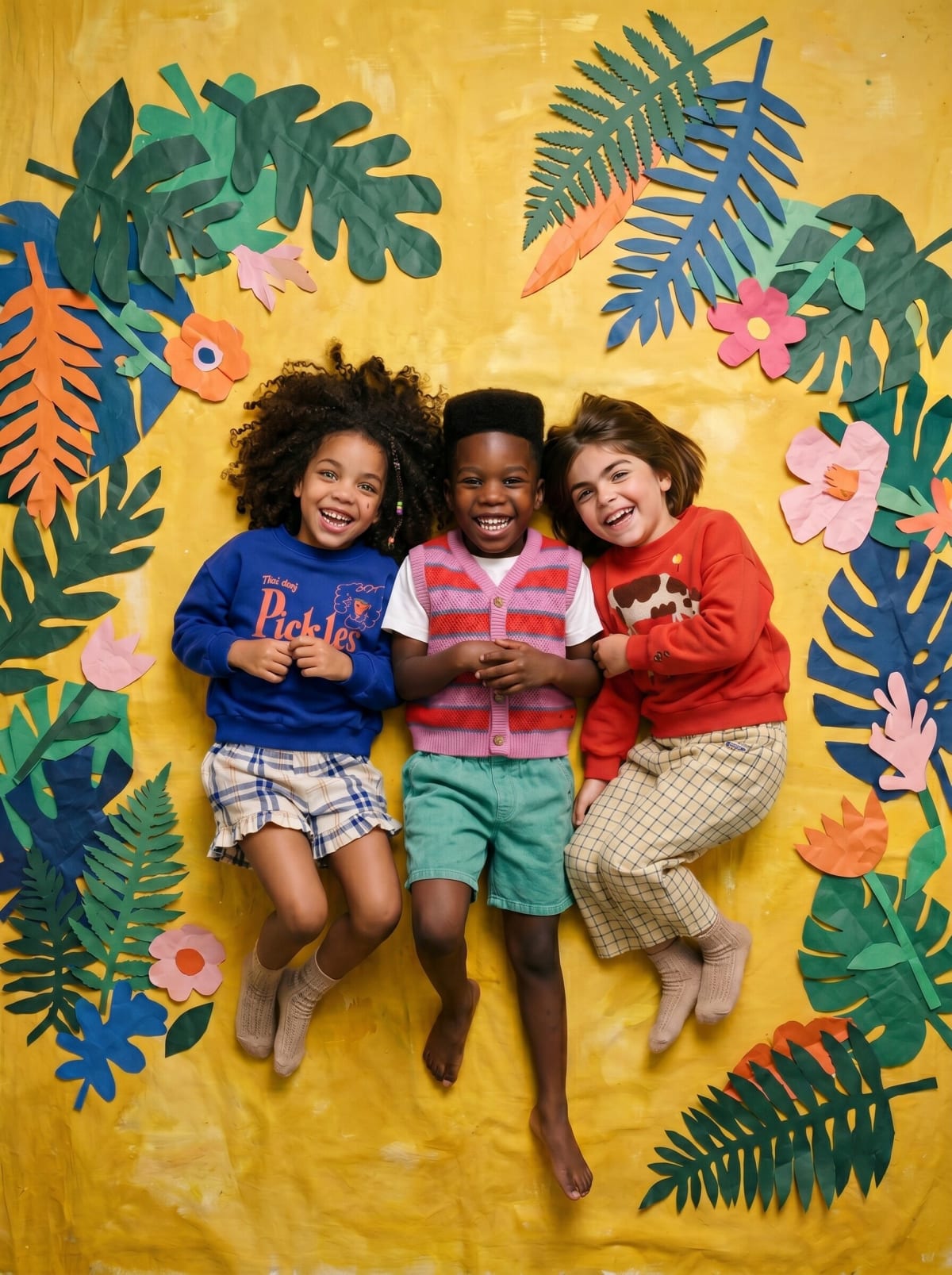 Three children in sweatshirts, a striped vest and plaid trousers lying in a ring of paper leaves